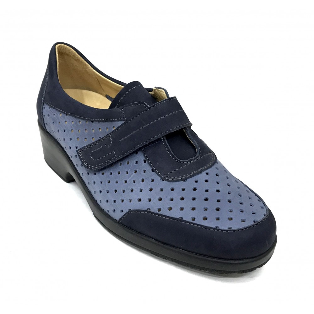Flex&go 67 5507 zapato calado verano de mujer, azul marino, plantilla extraíble, velcro y cuña de 4,5 cm