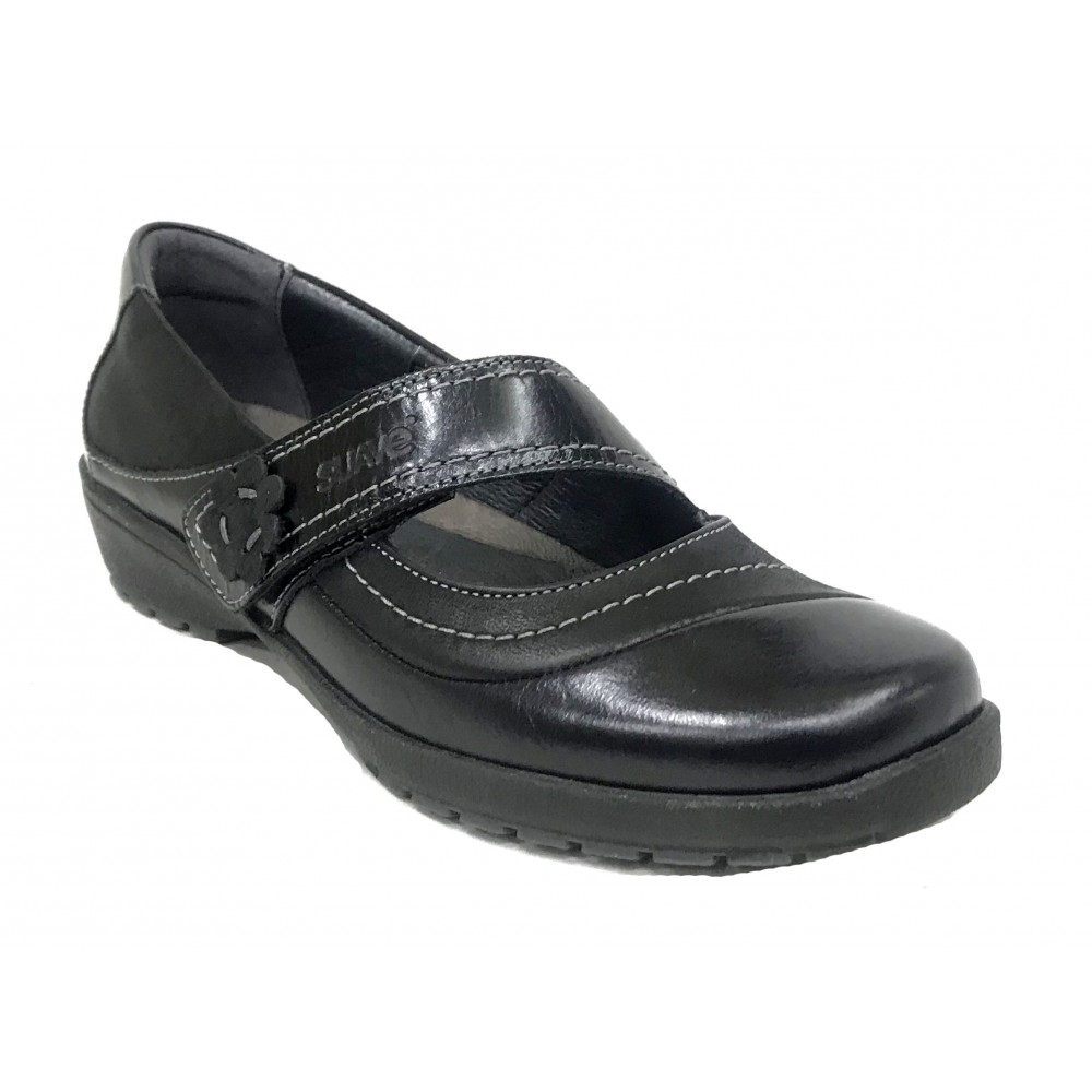 Suave 02A 3019 Negro, zapato mercedes de mujer, piso de goma con cuña de 2,5 cm, piel lisa, velcro y plantilla extraíble
