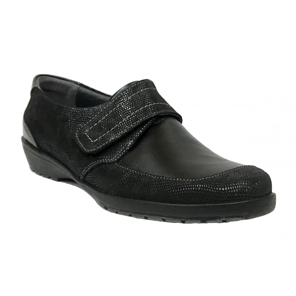 Suave 59C 3010 Negro, Zapato de Mujer, cierre con velcro, piso de goma con cuña de 3 cm y plantilla extraíble