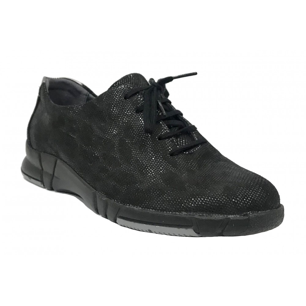 Suave 93A 3204 Negro Champang, Zapato deportivo de Mujer, piso de goma con cuña 3 cm, con cordones y plantilla extraíble