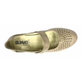 SUAVE 71A 3632 Sandy, Zapato Mujer, Merceditas beig, velcro, plantilla extraíble y piso de goma de 3 cm