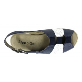 Flex&Go 69B SD0644 Marino, Sandalia Mujer, piel, azul y blanco, piso goma con cuña 4 cm, elásticos y cierre con hebilla