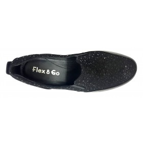Flex&Go 63B ST0205 Dublín Negro, mocasín de piel, pala grabada brillo, elásticos empeine, cosido y con cuña