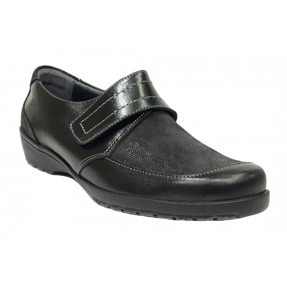 SUAVE 59E 3010 Negro, brillo, zapato mujer, velcro, piel, plantilla extraíble y piso de goma 3 cm