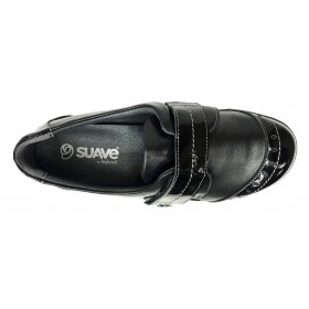 SUAVE 87D 3100 Negro, pie diabético, horma extra ancha, piel y charol, velcro, dos plantillas extraíbles y piso de goma con cuña