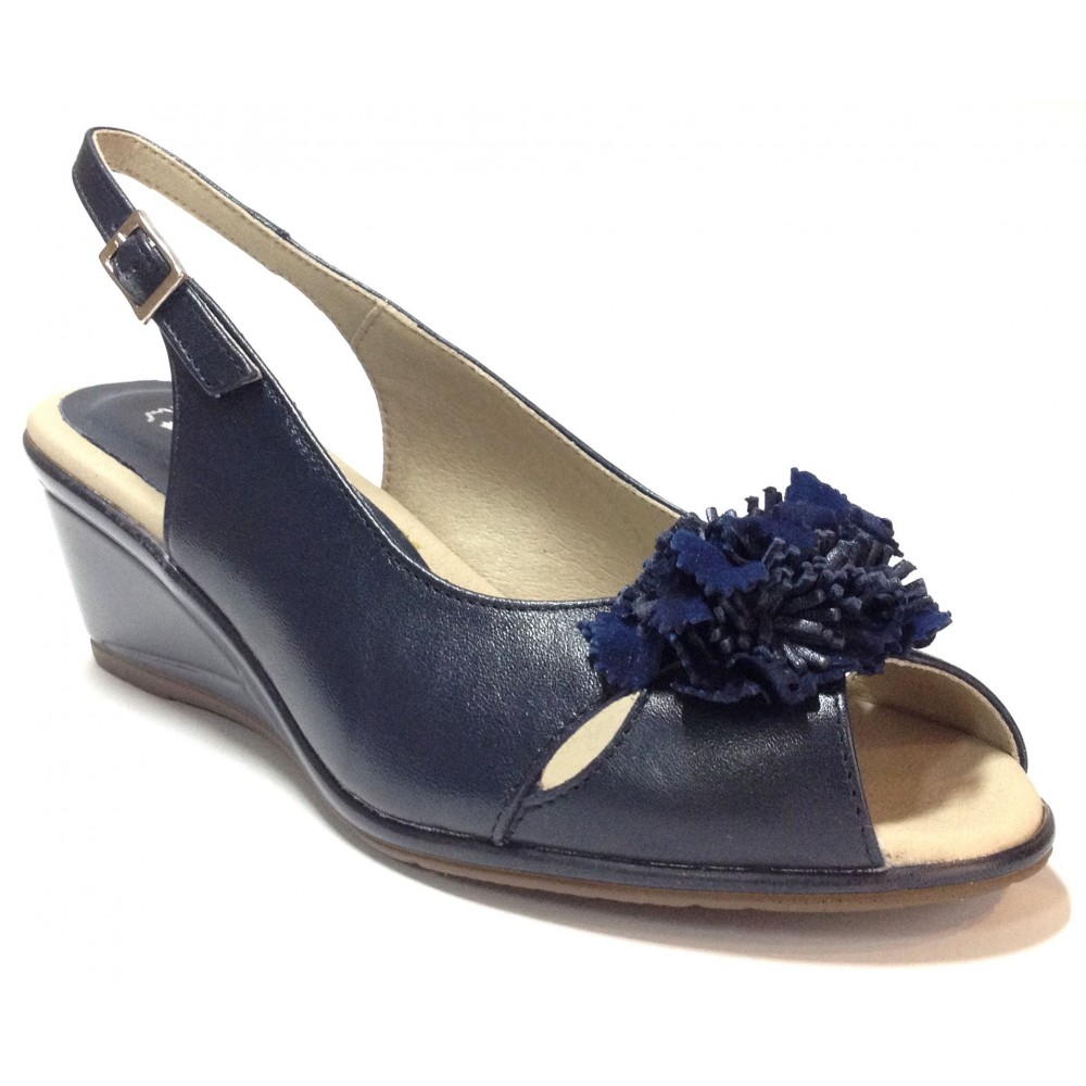 Pitillos 02 1321 sandalia de mujer azul marino flor cuña piso de goma antideslizante, plantilla acolchada, cierre con hebilla