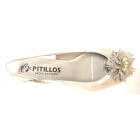Pitillos 04 1350 sandalia de mujer hielo tacón flor color beige hueso, adorno puntera, cierre con hebilla, plantilla almohadilla