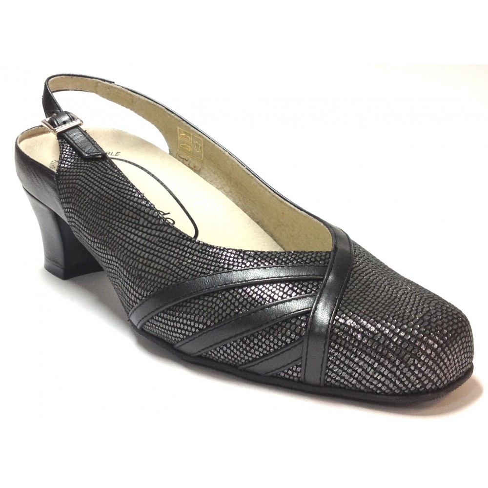 Trebede 01 7590 zapato salón abierto de mujer negro metalizado con tacón de 5,5 cm, ancho especial y plantilla extraíble