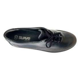 SUAVE 90 3413 Pebble Negro, zapato deportivo de mujer, piel, cordones, piso de goma y cuña