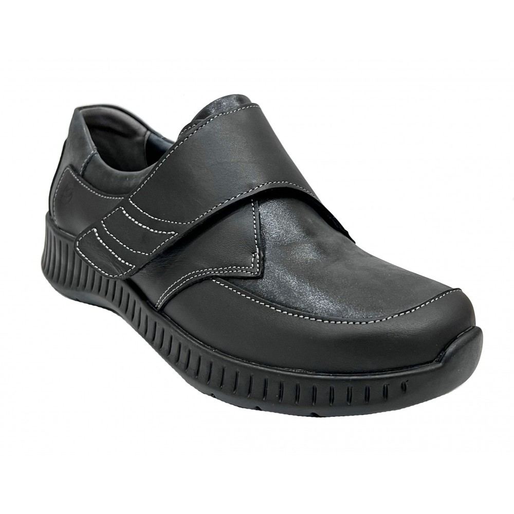 SUAVE 98A 3301 Negro Cinder, zapato deportivo de mujer, piel, velcro, piso de goma y cuña