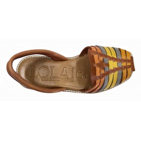 Lola Almagro 07 9360 Combi Cuero, menorquina piel mujer, marrón, amarillo, naranja, puntera cerrada, piso de goma