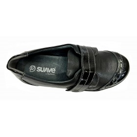 SUAVE 87D 3100 Negro, pie diabético, horma extra ancha, piel y charol, velcro, dos plantillas extraíbles y piso de goma