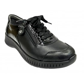 SUAVE 70 3302 Cinder Negro, horma ancha, piel y charol, velcro, cremallera, plantilla extraíble y piso de goma con cuña