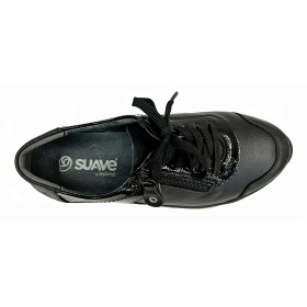 SUAVE 70 3302 Cinder Negro, horma ancha, piel y charol, velcro, cremallera, plantilla extraíble y piso de goma con cuña