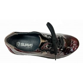 SUAVE 71 3758 Grenat Burgundy, horma ancha, piel charol, velcro, cremallera, plantilla extraíble y piso de goma con cuña