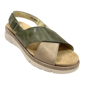 Suave 75 3355 Hunter Stone, Sandalia Mujer, piel beig, cierre con velcros, piso de goma con cuña y plantilla extraíble