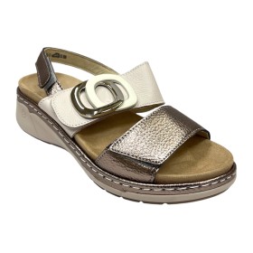 Suave 91 3323 Sorbet Aztec, Sandalia Mujer, piel beig, dos velcros, piso de goma con cuña y plantilla extraíble