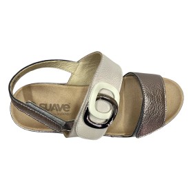 Suave 91 3323 Sorbet Aztec, Sandalia Mujer, piel beig, dos velcros, piso de goma con cuña y plantilla extraíble